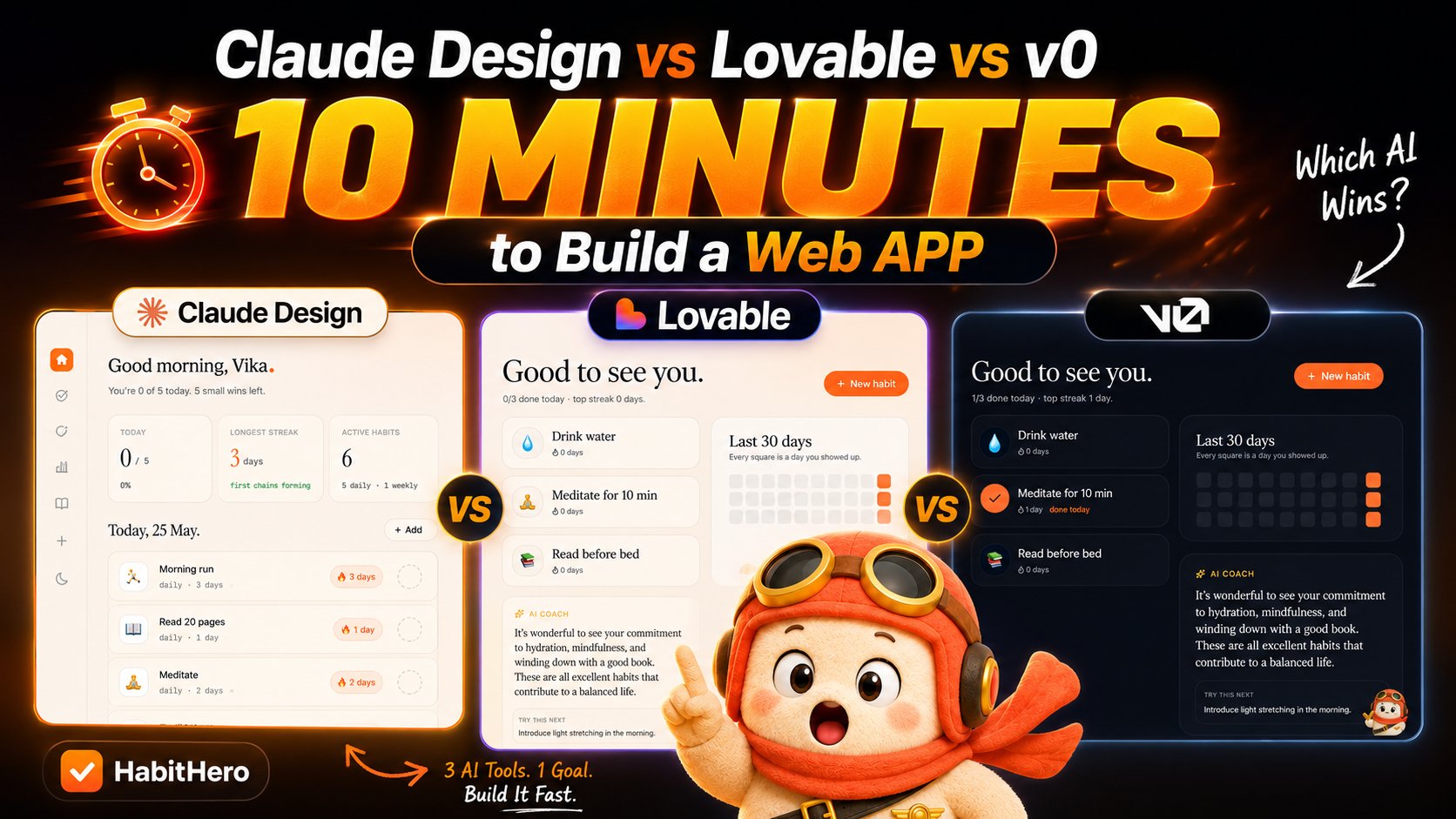 Claude Design vs Lovable vs v0 — 10 minutes to build a web app. Watch the HabitHero build.